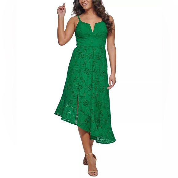 Guess Dresses & Skirts - NWOT Guess Womens Green Cotton Eyelet Ruffled Asymmetric Hem Midi Dress Size 4